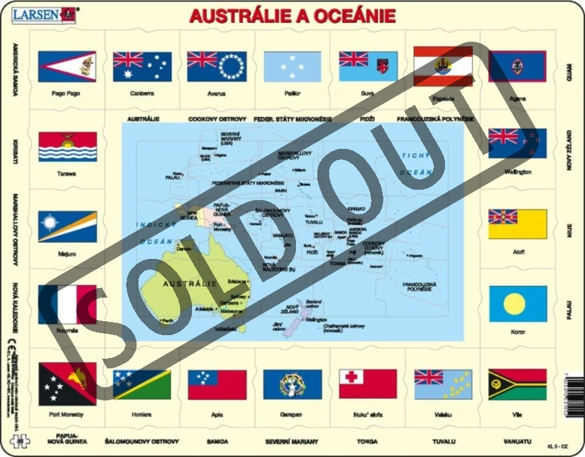 LARSEN Puzzle Austrálie a Oceánie - mapa a vlajky 70 dílků
