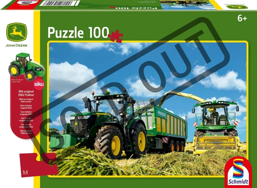 SCHMIDT Puzzle John Deere Traktor s řezačkou 100 dílků + model SIKU