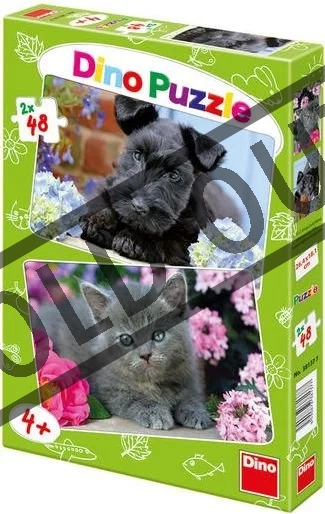 DINO Puzzle Pejsek s kočičkou na terase 2x48 dílků