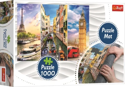 Puzzle Koláž měst Paříž-Benátky-Londýn 1000 dílků + Podložka pod puzzle