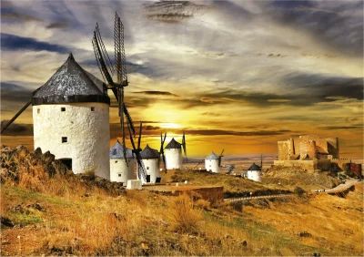 Puzzle Západ slunce ve Španělsku: Větrné mlýny, Consuegra 1500 dílků