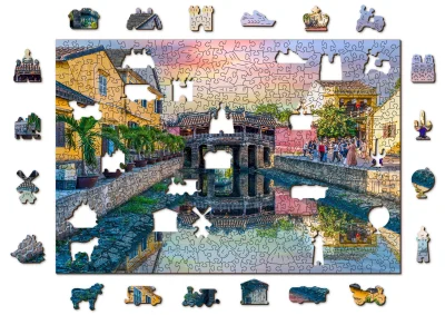 Dřevěné puzzle Japonský most ve městě Hoi An, Vietnam 2v1, 505 dílků EKO