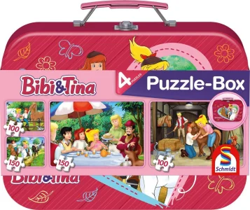 Puzzle Bibi a Tina 4v1 v plechovém kufříku (100, 100, 150, 150 dílků)