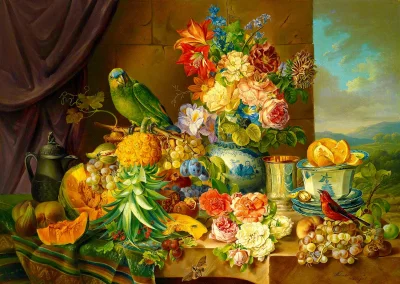 Puzzle Josef Schuster: Zátiší s květinami, ovocem a papouškem 1000 dílků