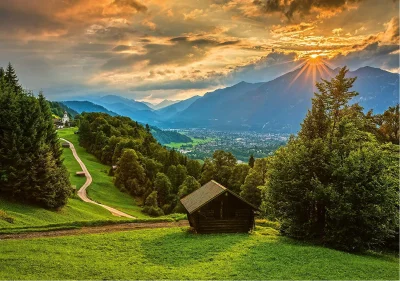 Puzzle Západ slunce nad horskou vesnicí Wamberg 1500 dílků