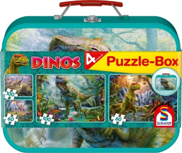 Puzzle Dinosauři 4v1 v plechovém kufříku (60,60,100,100 dílků)