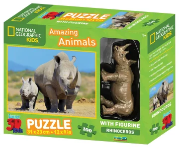 Puzzle Nosorožec s mládětem 3D 100 dílků + figurka