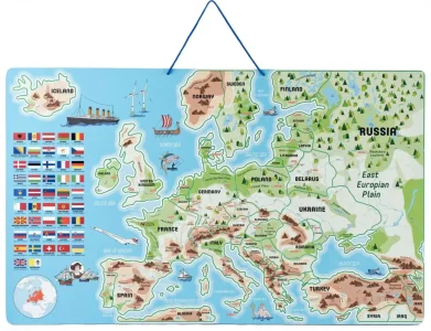 Magnetická mapa Evropy s obrázky a společenská hra, 3v1 v angličtině