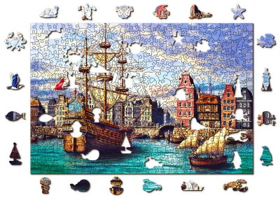 Dřevěné puzzle Staré lodě v přístavu 2v1, 505 dílků EKO