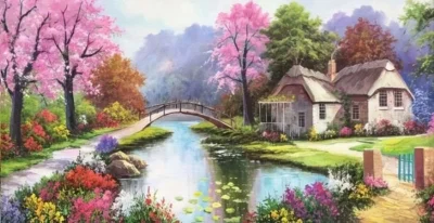 Diamantové maľovanie Norimpex 80x40 cm Domček pri kvitnúcom potoku