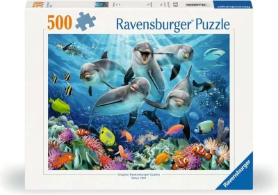 Puzzle Ravensburger 500 dílků Delfíni u korálového útesu