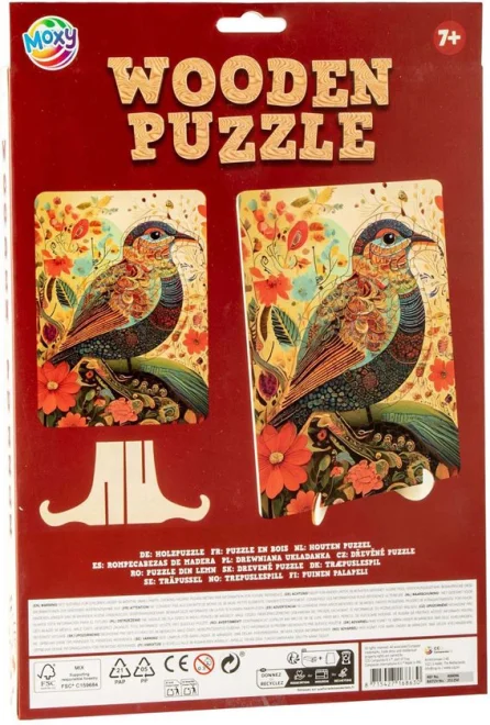 Drevené puzzle Moxy so stojanom Vtáčik 121 dielikov