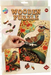 Drevené puzzle Moxy so stojanom Vtáčik 121 dielikov