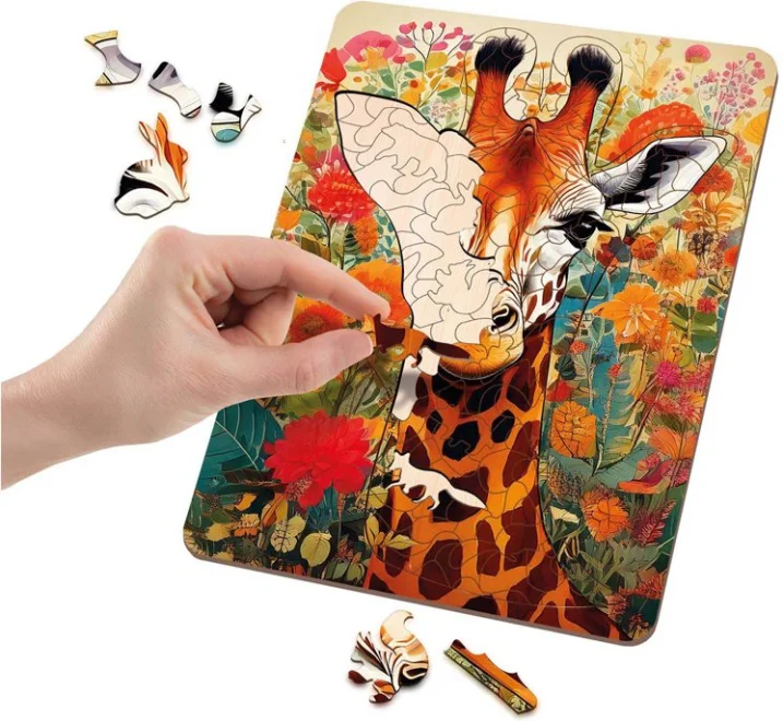 Drevené puzzle Moxy so stojanom Žirafa 125 dielikov