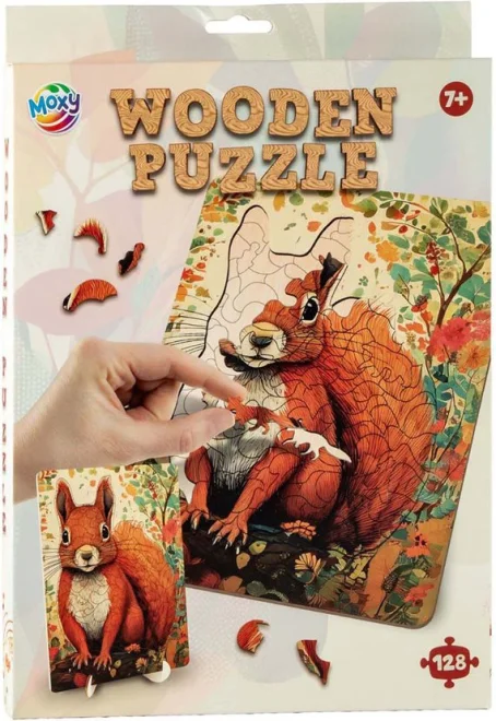 Drevené puzzle Moxy so stojanom Veverička 128 dielikov