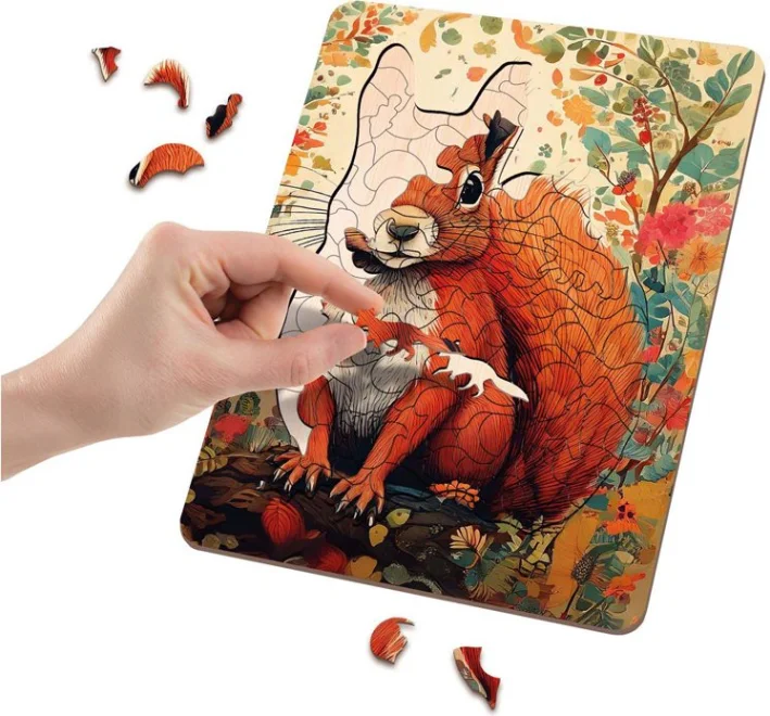 Drevené puzzle Moxy so stojanom Veverička 128 dielikov