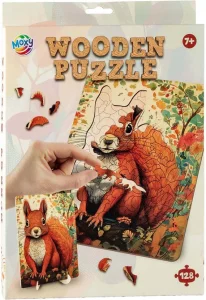 Drevené puzzle Moxy so stojanom Veverička 128 dielikov