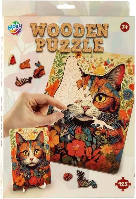 Drevené puzzle Moxy so stojanom Mačka 125 dielikov