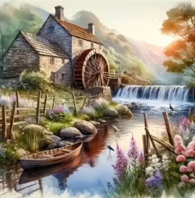 Diamantové maľovanie Norimpex 40x30 cm Loďka pri mlyne