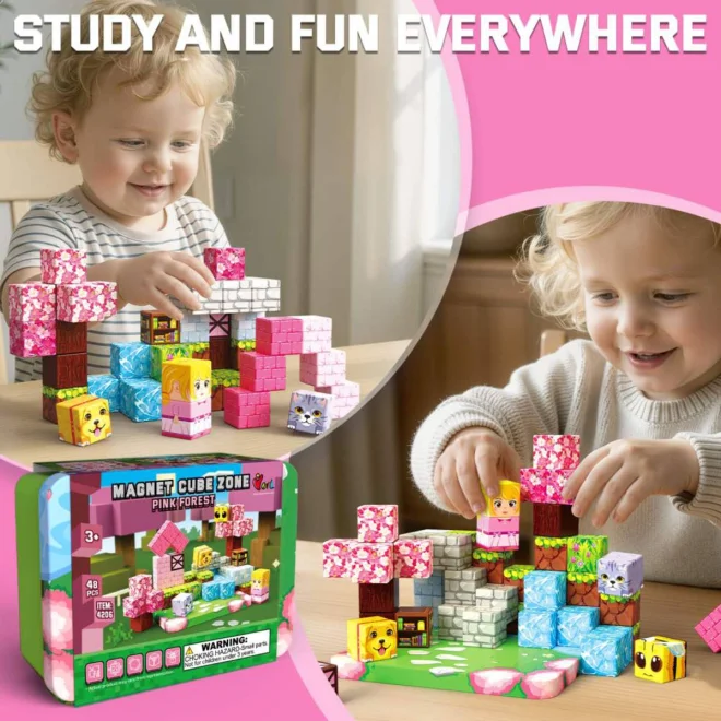 Magnetické kocky Magnet Cube Zone  Štýl Minecraft: Pink Forest 48 ks